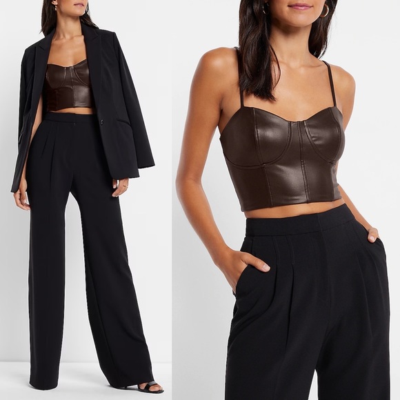 Express Body Contour Faux Leather Corset Cropped Top in Espresso Brown - Picture 1 of 10